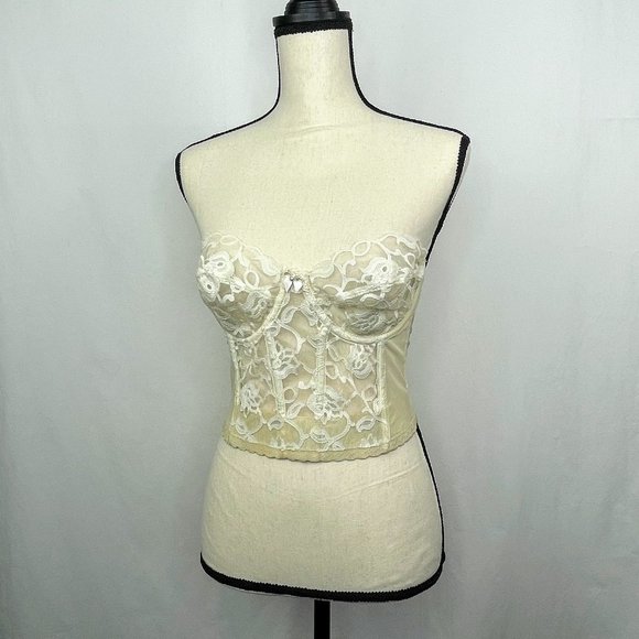 Vintage Victoria's Secret Ivory Floral Lace & Mesh/Wedding Strapless Bustier Bra
